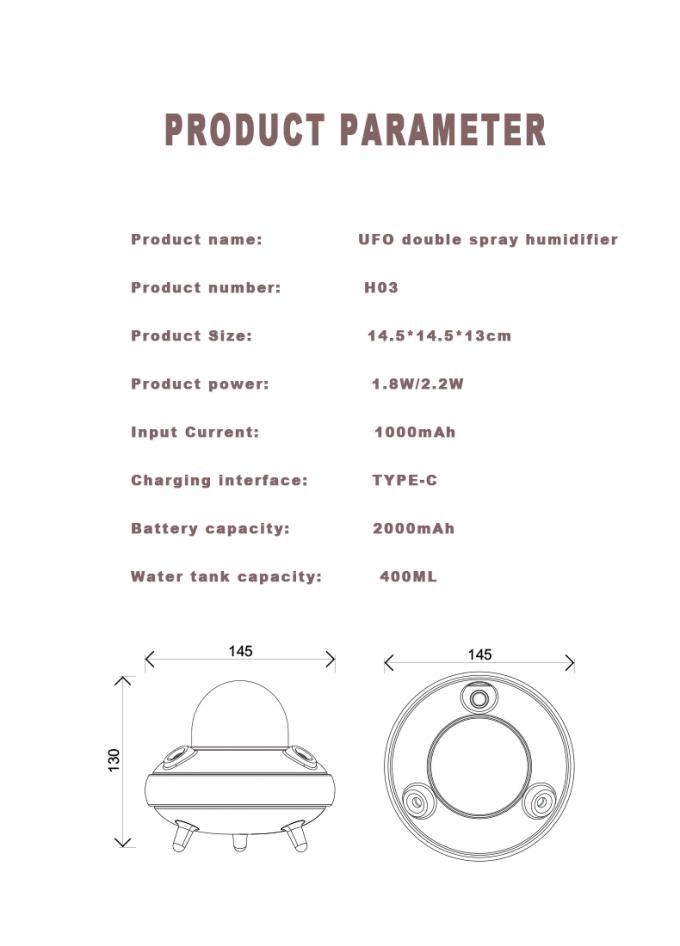 Humidificateur OVNI à double pulvérisation Humidificateur USB rechargeable silencieux avec lumière nocturne colorée 12